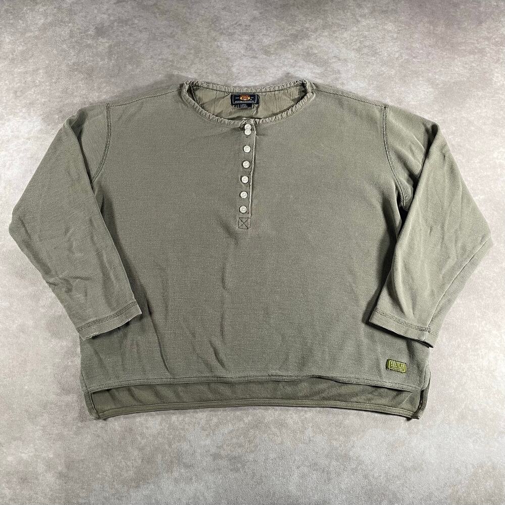 Vintage Y2K Route 66 Olive Henley Boxy LS T-shirt Dexter Large Faded Casual